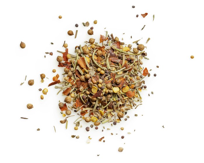 Pain care: dried herbal flowers on a white background