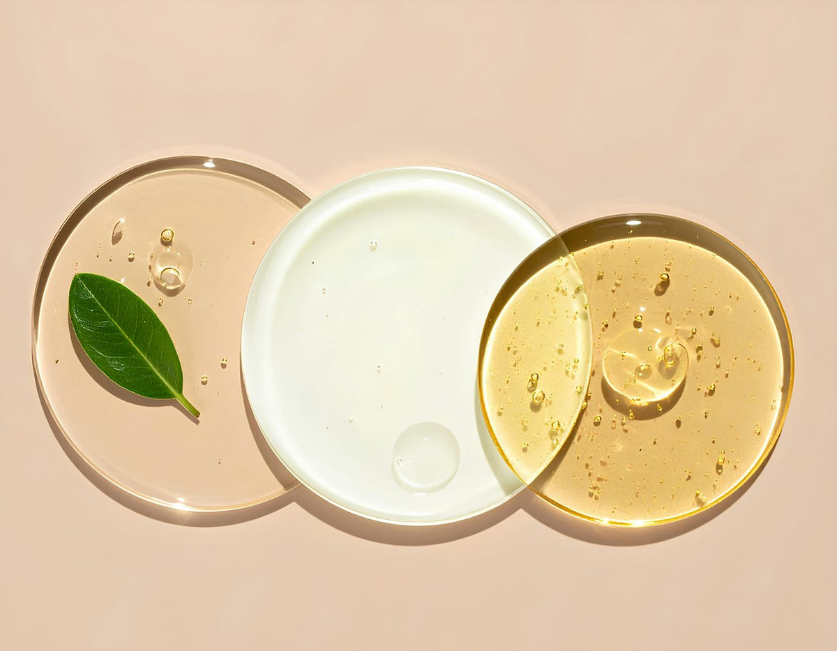 GA blog: cosmetic serums arranged on clear plates